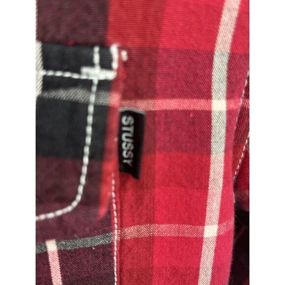 Stussy Mens Red Plaid Flannel Shirt Shacket Size Medium Button Fleece Lined - Picture 13 of 14